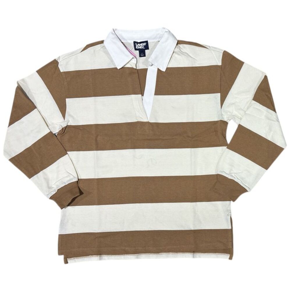 Lands' End Women's Wide Stripe Rugby Shirt in Brown and White